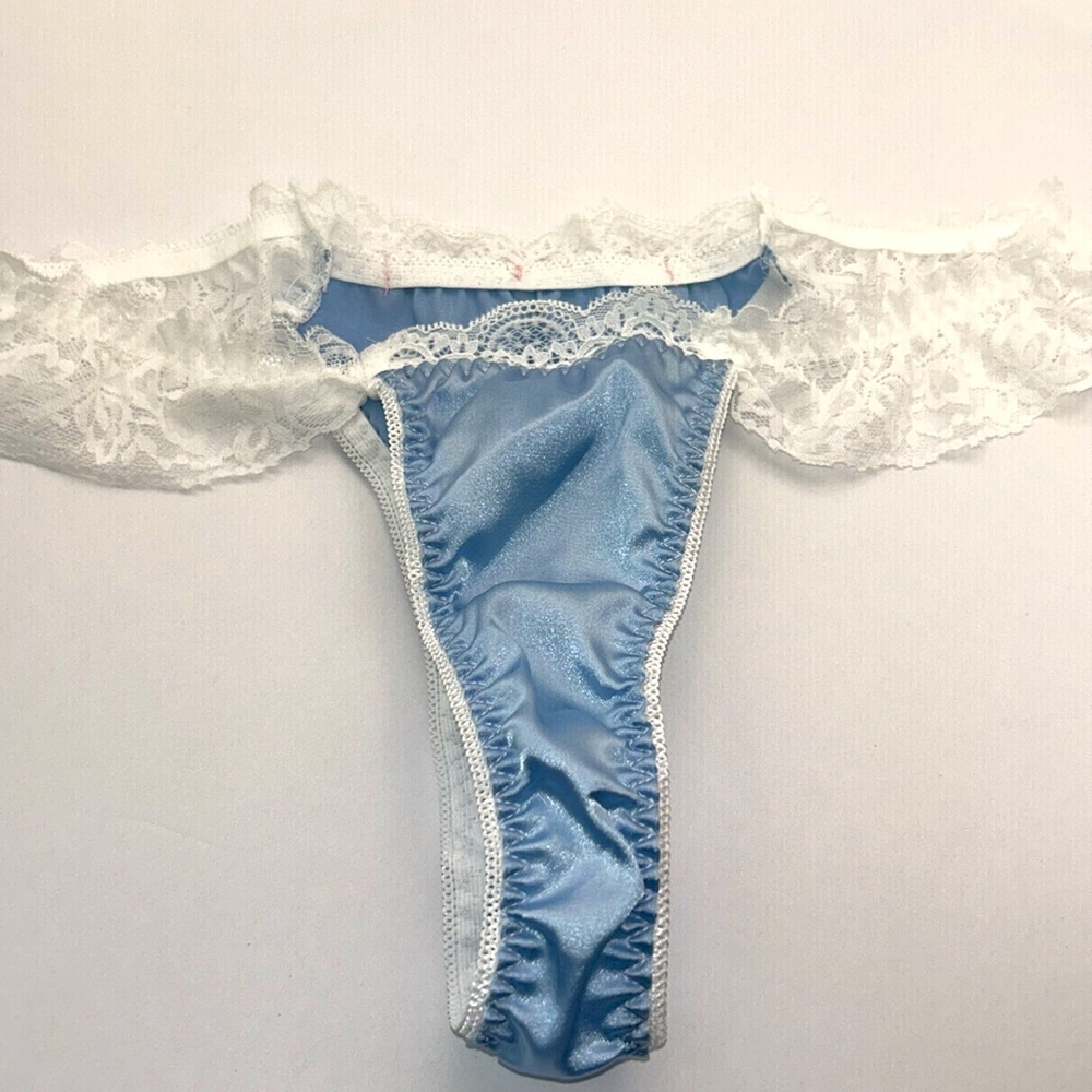 Coquette Girlie Blue Silky Satin Lace & Rosette Trim Feminine Thong Panties NWT - Picture 11 of 15